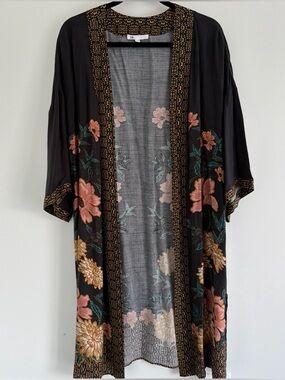 DR2 Floral Boho Kimono Duster with Gold Floral Print L/XL Open Front